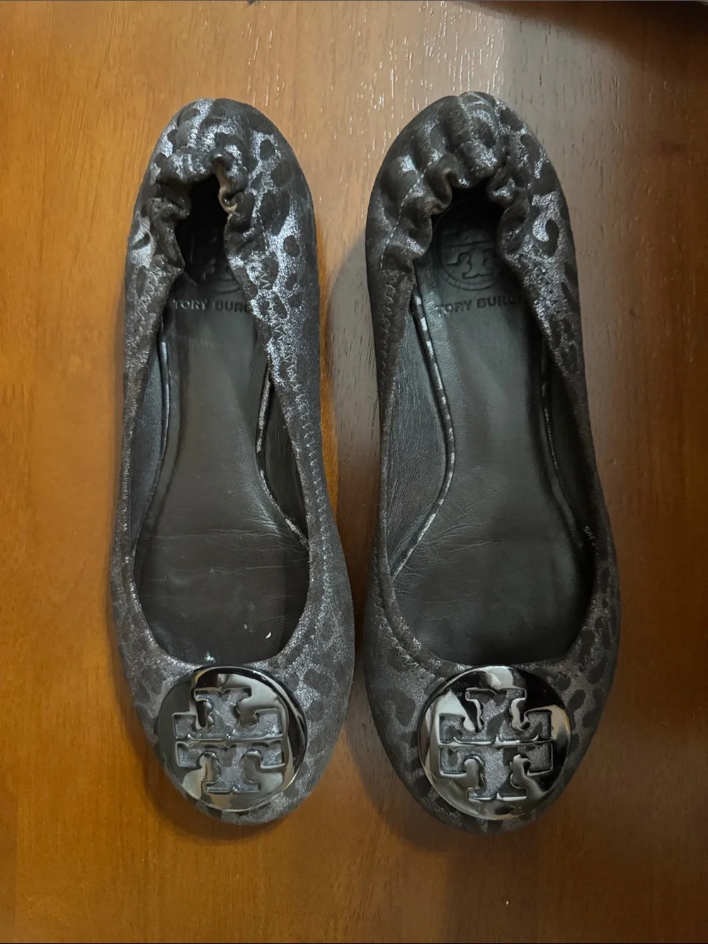 Tory Burch Metallic Leopard-Print Ballet Flats in Black
